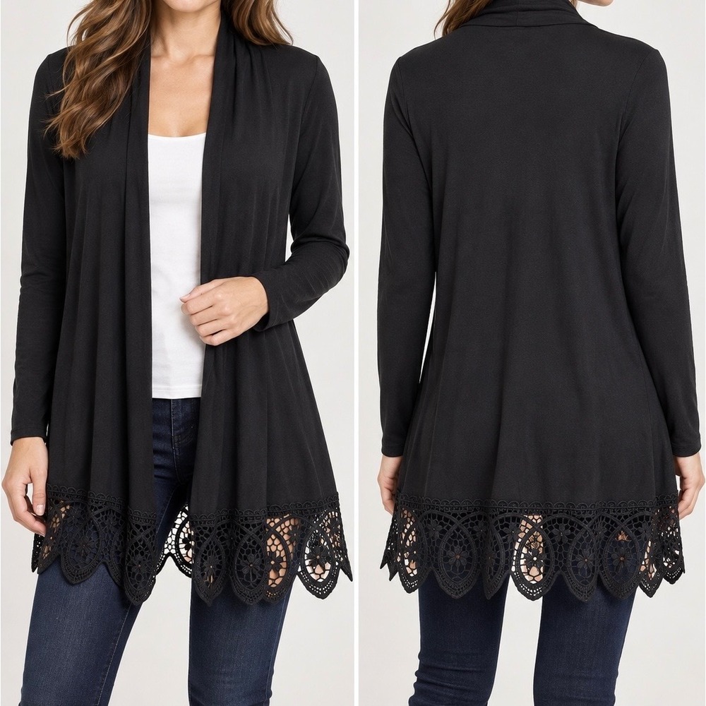 Knapp Studio Cardigan Womens Large Black Lace Trim Open Front Boho Layering